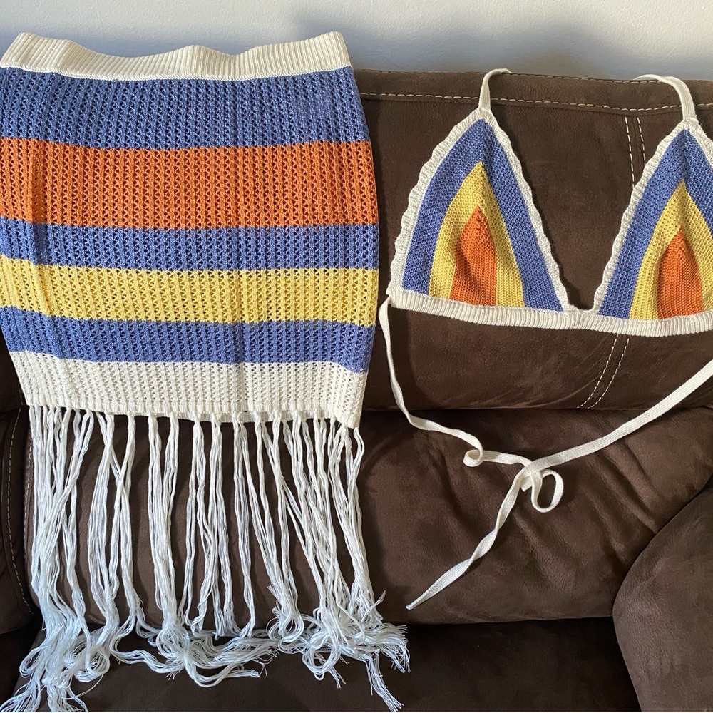 Striped Crochet Bikini Set with Fringe Skirt
